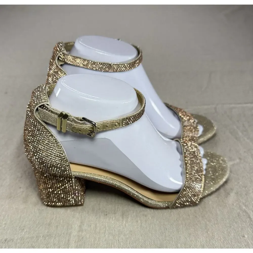 Gianni Bini Womens 8M Gold Rhinestone Block Heel Sandals Ankle Strap Sparkle